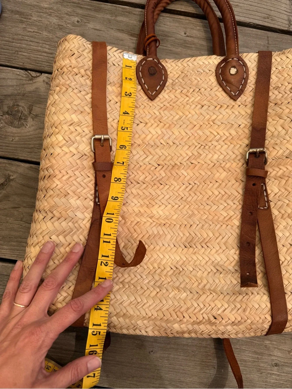 Natural Straw Backpack with Brown Leather Trim